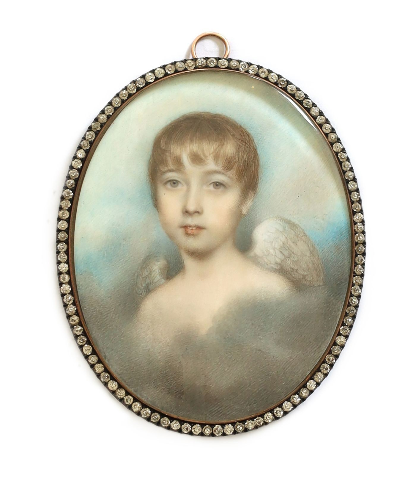 English School c.1820 , Miniature of a child painted as an angel, watercolour on ivory, 7.5 x 6cm, diamond set frame